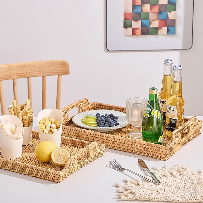 Rattan Rectangular Serving Tray with Handles, Hand-Woven Wicker Decorative Tray for Coffee Table,Vintage Boho Style Decor for Dining, Kitchen, Bathroom, Outdoor(14.4"x10.4"x1.4")