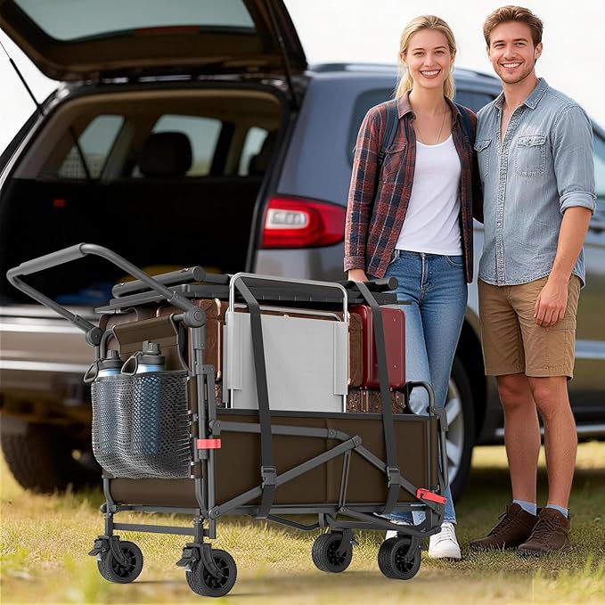 LEVELEVE Heavy Duty Folding Wagon - 2-in-1 Collapsible Cart, 400lb Capacity, All-Terrain Wheels w/Brakes & Side Pockets (Brown)
