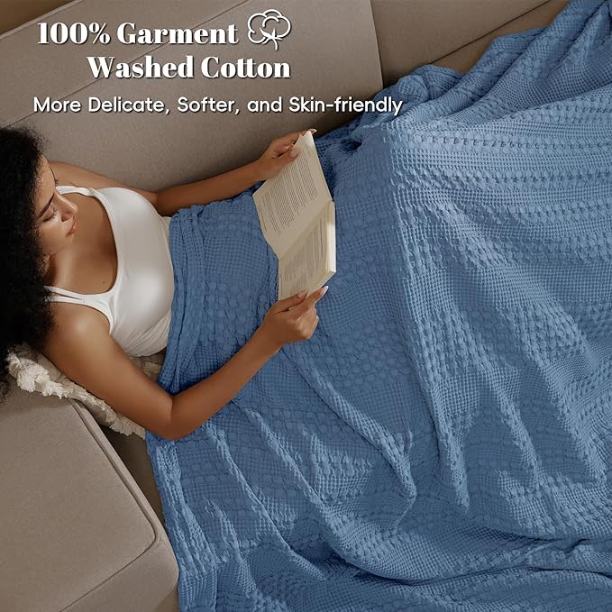 PHF 100% Cotton Waffle Weave Blanket Queen Size for Bed, Soft Lightweight & Breathable, All-Season Comfort, 300 GSM Luxury Aesthetic Blanket for Home Decor, 90"x90", Denim Blue