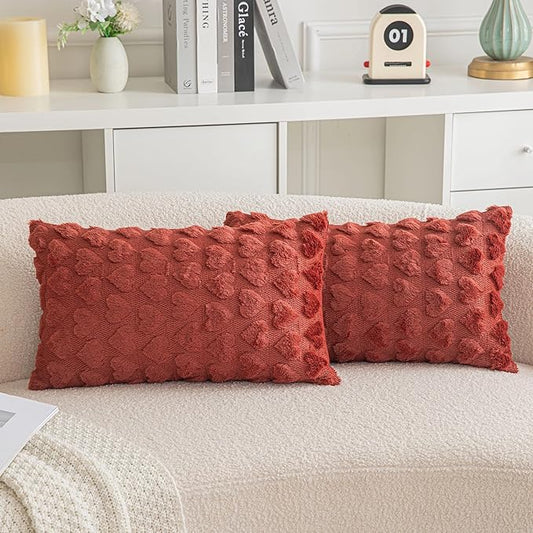 AQOTHES Set of 2 Heart Love Cute Wine Red Decorative Valentines Throw Pillow Covers 12x20, Soft Plush Faux Fur Pillow Covers for Couch Sofa Home Valentines Day Decoration