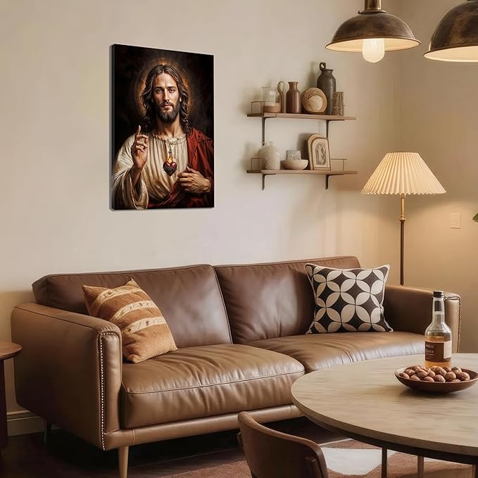 Framed Sacred Heart of Jesus Wall Art, Christian Divine Mercy Paintings Wall Decor, Christ Portrait Pictures Canvas Prints Catholic Religious Home Decor for Church Prayer Room Living Room 12X16 inch