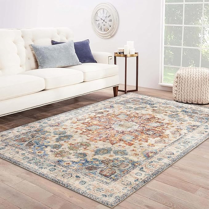 Domitapis Area Rug 5×7, Vintage Boho Rug,Ultra-Soft Low Pile, Washable, Non Slip,Stain Resistant Printed Carpet for Living Room Bedrooms Playroom Office Kitchen, Blue/Red