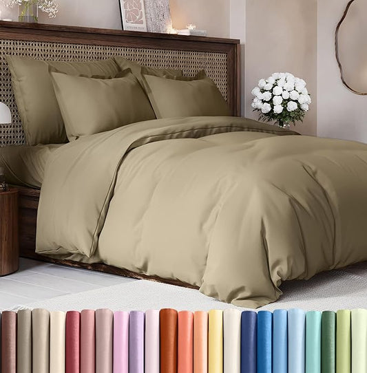 CGK Unlimited Duvet Cover Cal King Size Set - Extra Soft Cal King Size Duvet Cover 104 x 98 with 2 Pillow Shams - Hotel Quality w/Zipper Closures & Ties - Bedding and Bed Linens Set (Khaki)