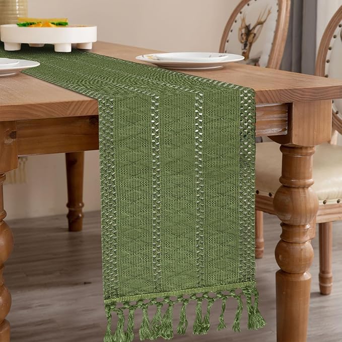 Niviy Sage Green Boho Table Runner for Home Decor 72 Inches Long with Tassels, Rustic Macrame Cotton Linen Woven Coffee Table Runners for Bohemian Dining Table Decoration, Green