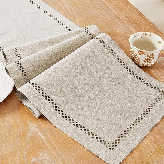 Burlap Style Farmhouse Table Runner, 13 x 108 Inch Coffee, Rustic Geometric Hollow Table Runners 108 Inches Long for Dresser Table Everyday Use, 13x108 Inches, Coffee