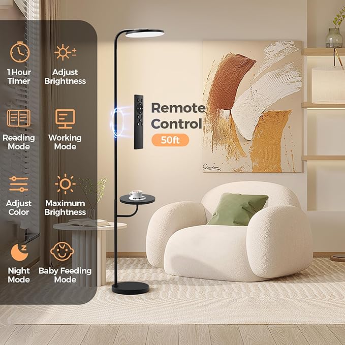 Floor Lamp with Table & Shelves,LED Stepless Dimmable Torchiere with Remote & Touch Control, 350° Rotating Head Reading Floor Lamp for Living Room, Bedroom, Office