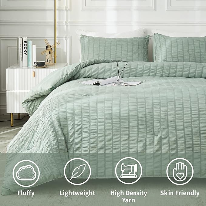 AveLom Sage Green Seersucker Twin/Twin XL Comforter Set (68x90 inches), 2 Pieces-100% Soft Microfiber Lightweight Comforter with 1 Pillowcase, All Season Down Alternative Comforter Set for Bedding