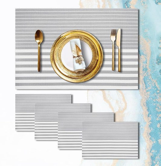 Placemats Set of 4 Vinyl Washable Grey Placemats, 18"x12" Wipeable Heat-Resistant Non-Slip Easy Clean Table Mats Ideal for Dining Table Table Runner and Outdoor (4, Grey Stripe)