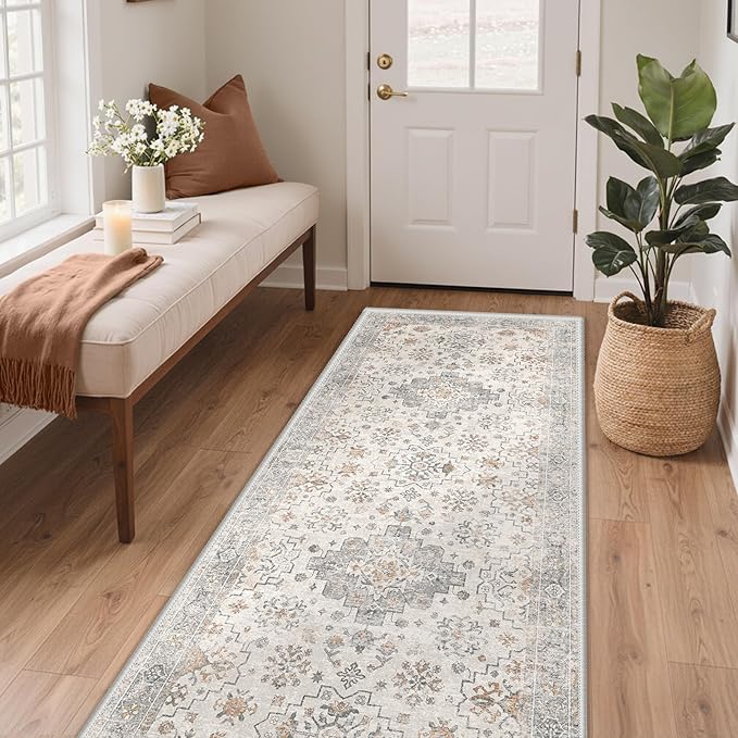 GENIMO 2'6''x6 Runner Rug,Machine Washable Non-Slip Vintage Rugs,Low Pile Lightweight Carpet for Bedroom,Hallway,Entryway,Kitchen,Bathroom,Grey