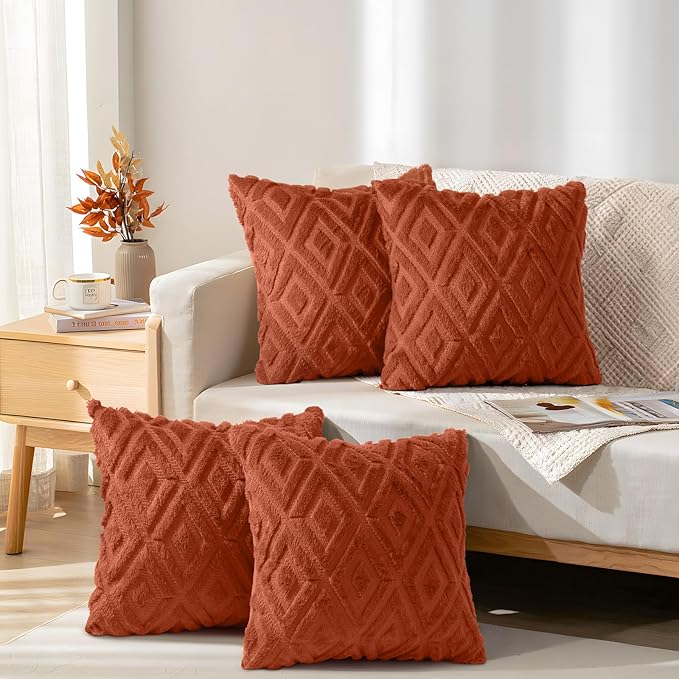 decorUhome Pack of 4 Faux Fur Fall Burnt Orange Throw Pillow Covers 16x16, Soft Decorative Couch Pillow Covers with Velvet Back for Modern Sofa Living Room, Rust
