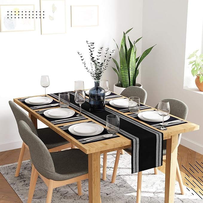 Encasa XO Table Runner and Placemats Set 6 | Fine Ribbed Cotton | Ladder Black | 1 Table Runner Size 13"x72" & Each Table Mat Size 19x13 Inch