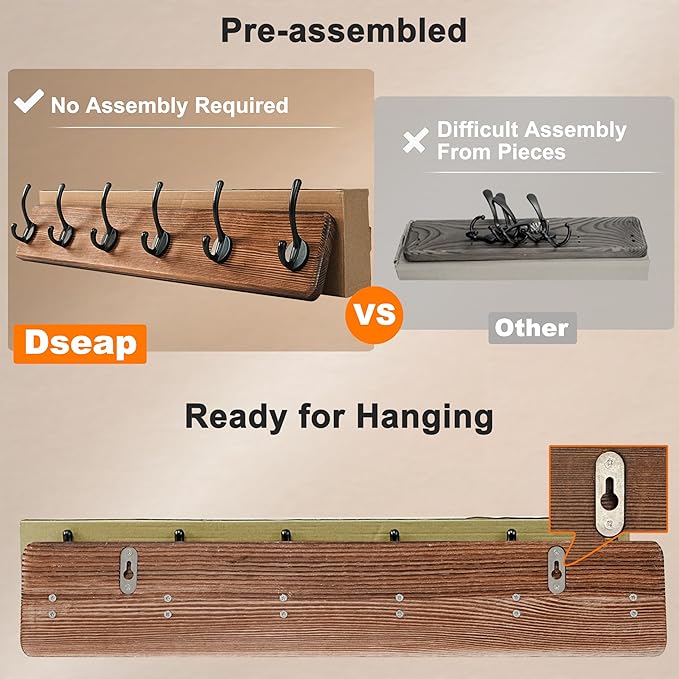 Dseap Coat Rack Wall: 24" Long, Patented, Heavy-Duty, 6-Double-Hooks Wooden Wall Mounted Coat Rack Coat Hanger Hook Rail for Winter Coats Hat Jacket Clothing, Weathered Green, Pack of 2