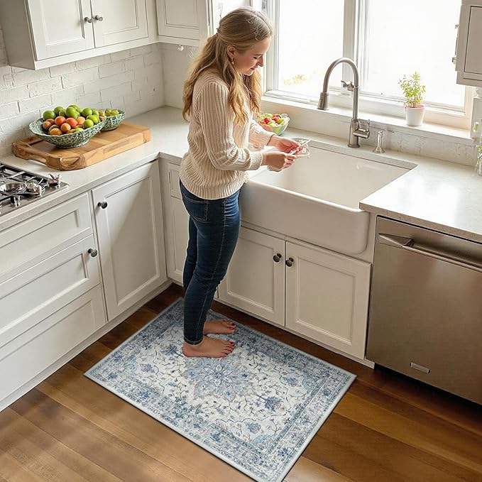 RELEANY Area Rugs 2'x3' Washable Non-Slip, Floral Vintage Distress Print Pattern Medallion Carpet for Living Room Bedroom Dining Room, Light Blue Navy Beige Gray White