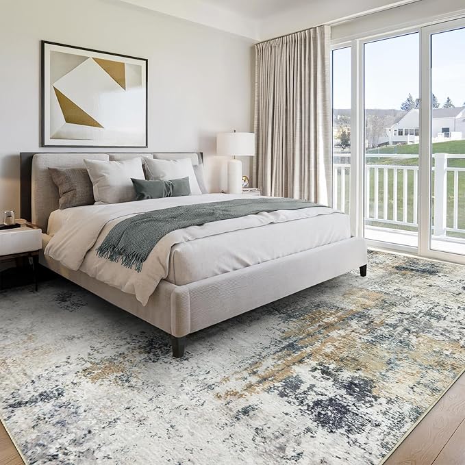 AREAMAY Washable Area Rugs for Living Room 8x10 - Large Neutral Modern Abstract Rug, Soft Low Pile Carpet with Non Slip Backing for Under Dining Room Table, Bedroom, Home, Office, Dorm - Green Yellow