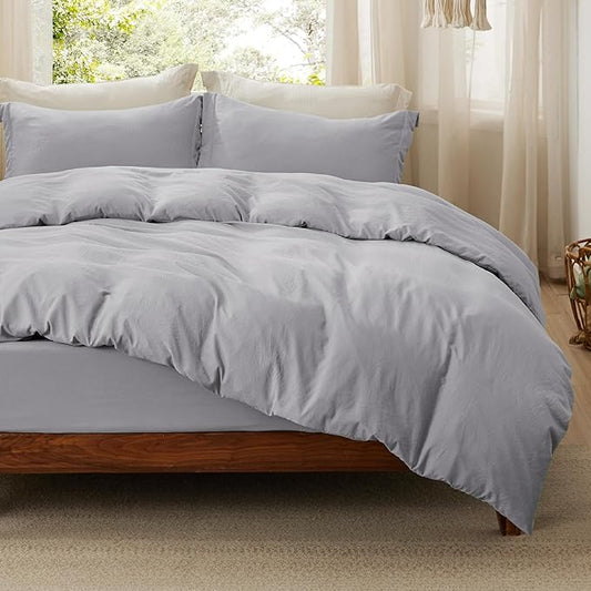 Bedsure Duvet Cover King Size with Fitted Sheet - 4 Pieces Prewashed Cotton-Like Extra Soft Bedding Set, Includes 1 Duvet Cover 104x90 Inches, 2 Pillow Shams, 1 Fitted Sheet, Light Grey