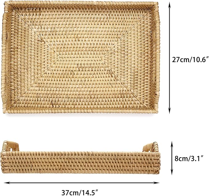Hipiwe Rattan Serving Tray with Handles Hand-Woven Decorative Tray for Storage Breakfast, Drinks, Snack,Rectangular Basket Organizer Tray for Coffee Table, Home Decor (Large)