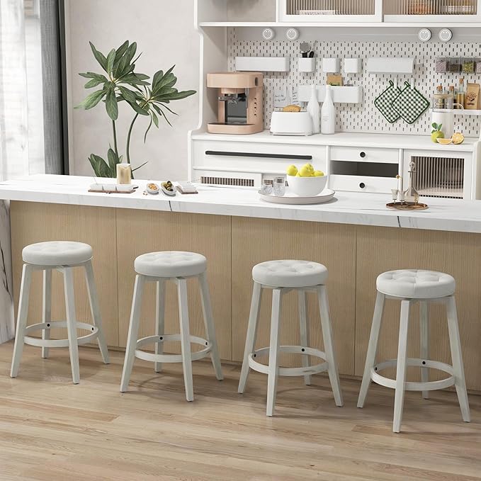 Giantex Swivel Bar Stools Set of 2, 26" Counter Height Stools w/Tufted Seat & Rubber Wood Frame, Round Backless Kitchen Stool with Footrest, Barstools for Kitchen Island/Breakfast/Pub, Antique White