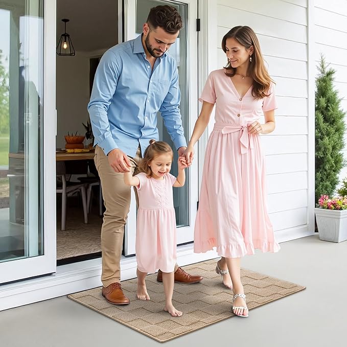 GRANNY SAYS Front Door Mat Outside Entrance, Door Mats for Entryway, Welcome Matt Non-Slip, Entryway Front Porch Mat Low Profile Resist Dirt Easy to Clean, 36"x24", Khaki Check