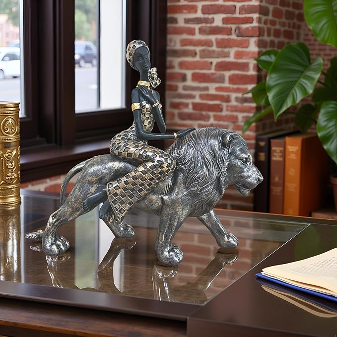 African Woman on Bronze Lion Statue – Resin Figurine, Tribal Cultural Sculpture, African Home Decor Collectible