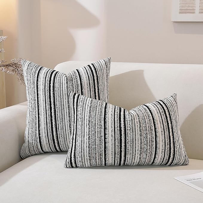 QDTTSRY Chenille Throw Decorative Pillow Covers 18x18 Set of 2, Textured Striped Boho Couch Pillow Covers, Cozy Neutral Farmhouse Cushion Cover for Couch Sofa Bedroom Living Room, Black