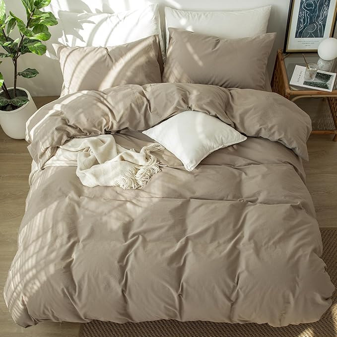 MooMee Bedding Duvet Cover Set 100% Washed Cotton Linen Like Textured Breathable Durable Soft Comfy (Solid Light Camel, Queen 90"x90")