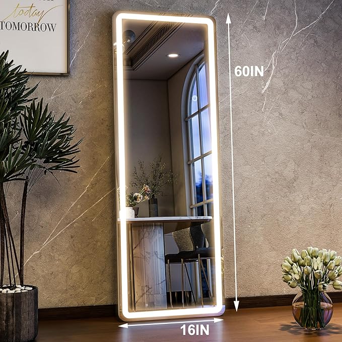 HARRITPURE 60"x16" Full Length Mirror with LED Lights - LED Rectangle Mirrors, Rounded Corner Floor Mirrors with Stand for Bedroom/Cloakroom -Dimmable & 3 Color Lighting/Wall Mounted