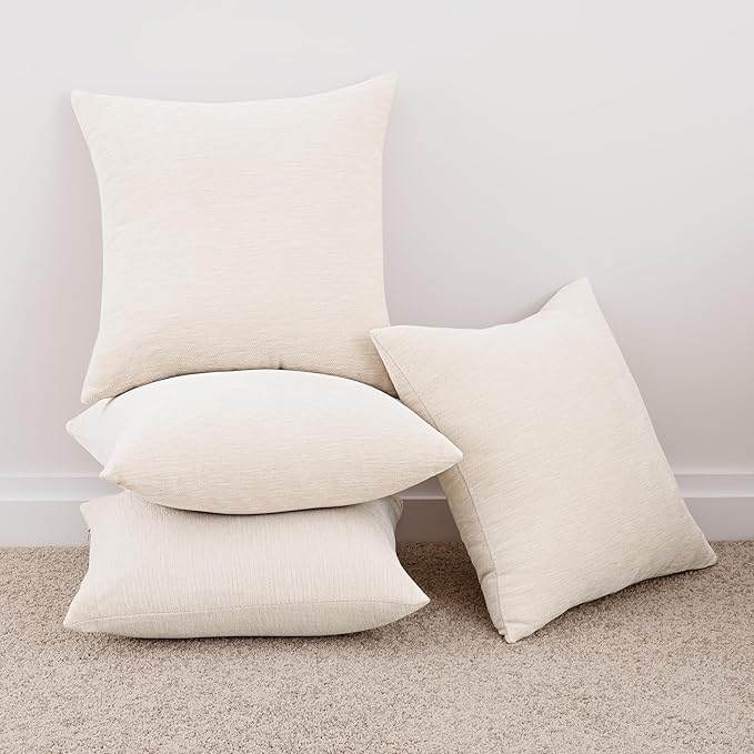 Set of 4 Cream White Throw Pillow Covers 24x24 Inch, Neutral Boho Farmhouse Aesthetic Decorative Pillow Cases for Couch, Sofa, Living Room & Bed, Chenille Pillow Cases, Stylish Home Decor, 60x60 cm