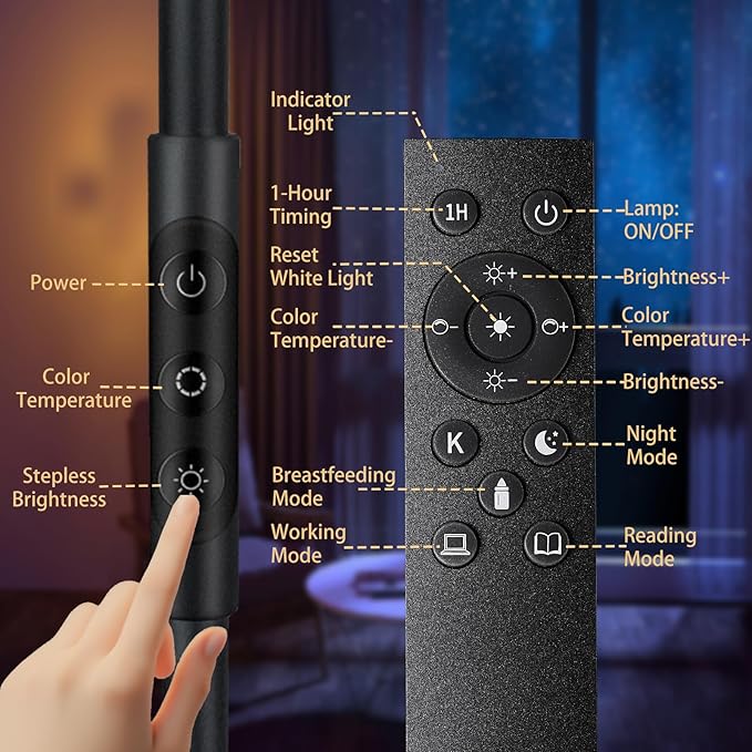 Lilaiaro Floor Lamps for Living Room, 36W/3600LM Super Bright Standing Lamp with Remote & Touch Control, Stepless Dimming & 2700K-6500K Color Temperature, LED Floor Lamp for Bedroom Office, Black