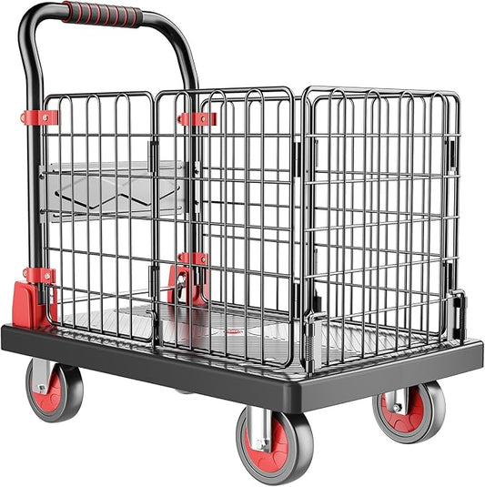 Upgraded Fence Foldable Push Cart Dolly,Fence Platform Cart with cage,Moving Platform Hand Truck,880Lbs Heavy Duty Space Saving Collapsible cart with 5" 360 Degree Swivel Silent Wheels.