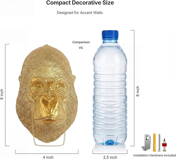 Juedawyal Golden Animal Head Wall Decor – Gorilla with Glasses, Resin Eclectic Wall Art for Entryway, Bar & Living Room