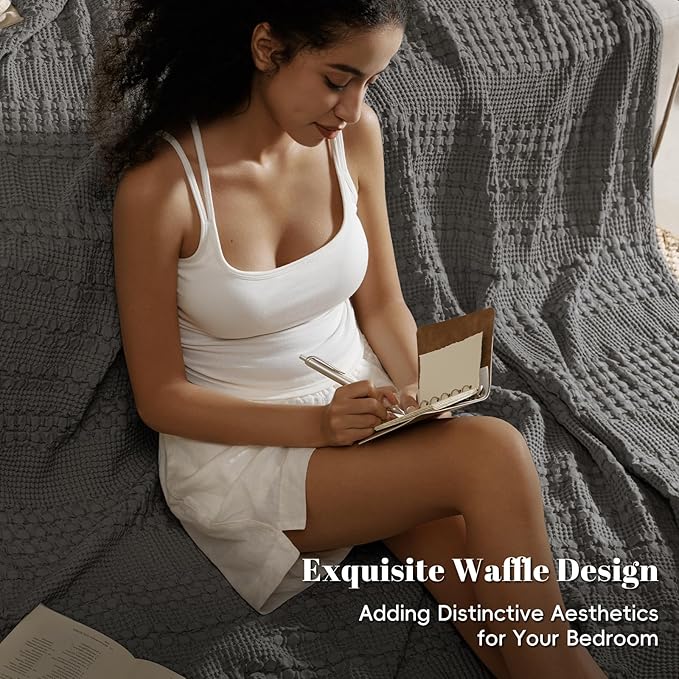 PHF 100% Cotton Waffle Weave Blanket Twin Size for Bed, Soft Lightweight & Breathable, All-Season Comfort, 300 GSM Luxury Aesthetic Blanket for Home Decor, 66"x90", Charcoal Grey