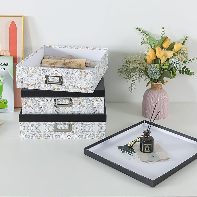 SLPR Decorative Cardboard Storage Boxes With Lids for Home Décor, Set of 3 Pretty Black and Gold Photo Storage, Memory Boxes For Keepsakes, Documents, Letter Papers, Organizing