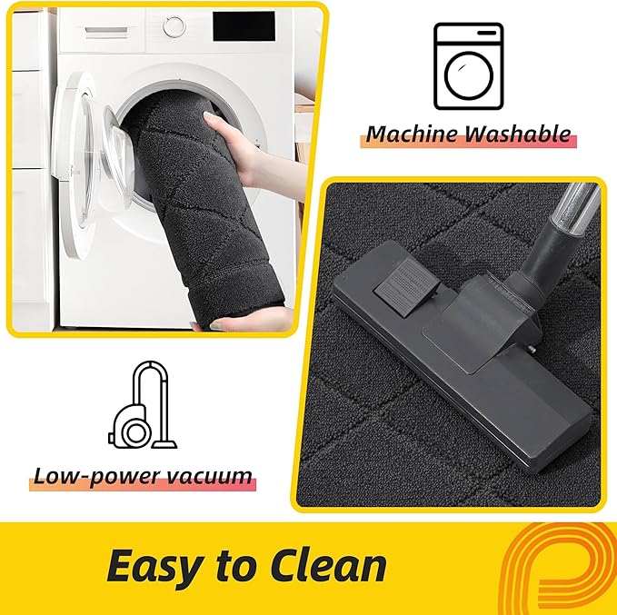 JSEI Non-Slip Kitchen Rugs, Self Adhesive No Sliding Kitchen Mats Set of 2, Soft Washable Absorbent Floor Mat for Kitchen, Bathroom, Laundry Room, Bedroom, 20”x32”+32”x48”, Dark Grey, Diamond Pattern