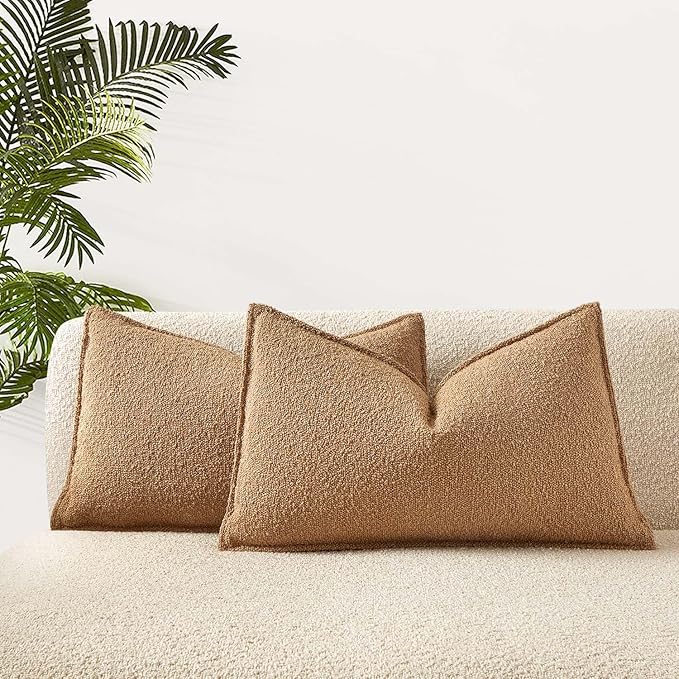 JUSPURBET 12x20 Pillow Covers Set of 2 Decorative Throw Pillow Covers Case for Couch Sofa Bed Soft Boucle Textured Lumbar Cushion Covers with Hidden Zipper for Home Decor Living Room,Camel