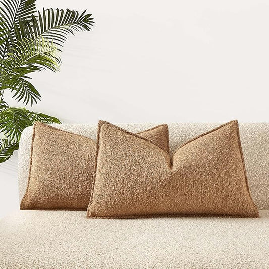 JUSPURBET 12x20 Pillow Covers Set of 2 Decorative Throw Pillow Covers Case for Couch Sofa Bed Soft Boucle Textured Lumbar Cushion Covers with Hidden Zipper for Home Decor Living Room,Camel