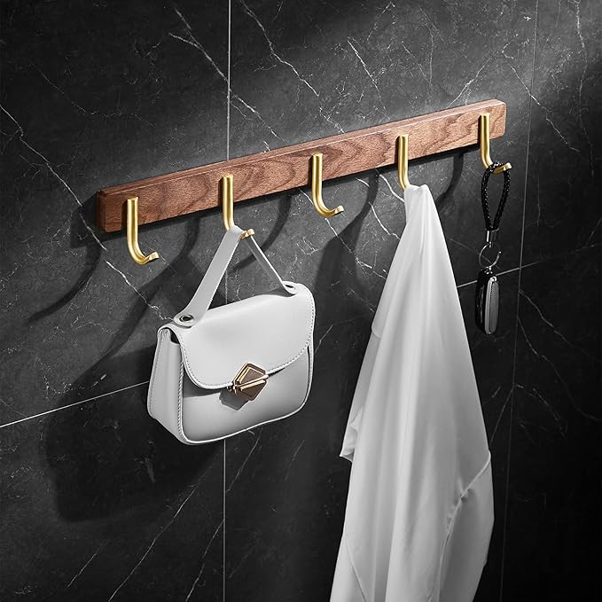 Wall Mounted Coat Rack, Entryway Hanging Rack with Rustic Hooks for Coat, Scarf, Bag, Towel, Key, Cap, Hat - Walnut Gold Matt (5 Hooks - J Shape)