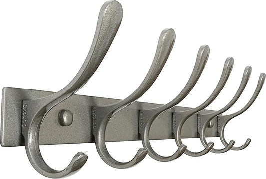 SKOLOO Coat Rack Wall Mounted - 6 Hooks, Heavy Duty, Stainless Steel, Metal Wall Hangers, Sturdy Coat Hooks for Hanging Coats, Jacket, Clothes, Hat, Matte Grey