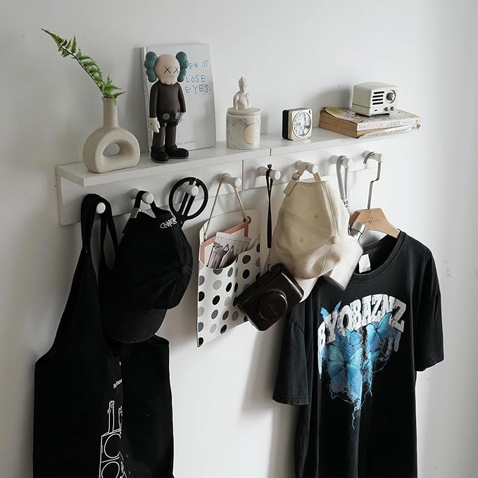 Entrance Coat Rack ，Coat Hooks, Wall-Mounted Wooden Hook Rack, Wall-Mounted Shelves are Very Suitable (White Color Finish—A-2)