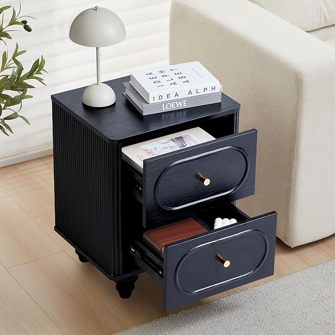2 Drawer Fluted Nightstand, Mid Century Modern Farmhouse Night Stand Small End Table Bedside Table for Bedroom, Living Room, Black