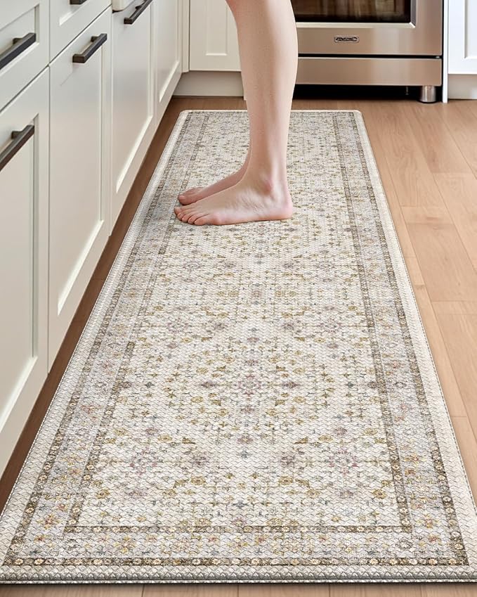 DEXI Kitchen Floor Mats Cushioned Anti Fatigue, 23x86 Long Wide Standing Comfort Runner Rug, Waterproof Retro Floral Memory Foam Padded for Front Sink Laundry, Beige/Ivory