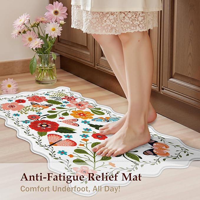 Scalloped Kitchen Mats for Floor 2PC Cushioned Anti Fatigue Kitchen Mats Rugs Waterproof Non Slip Boho Floral Comfort Foam Standing Mat for Sink Laundry, White,17.3x30+17.3x59