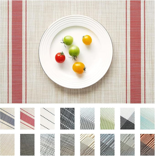 Placemats Set of 8 Vinyl/Plastic Woven Place Mats for Kitchen Table Indoor/Outdoor Washable Placemat Wipeable Dining Table Mats (Khaki Red,8)