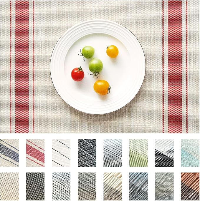 Placemats Set of 12 Vinyl/Plastic Woven Place Mats for Kitchen Table Indoor/Outdoor Washable Placemat Wipeable Dining Table Mats (Khaki Red,12)