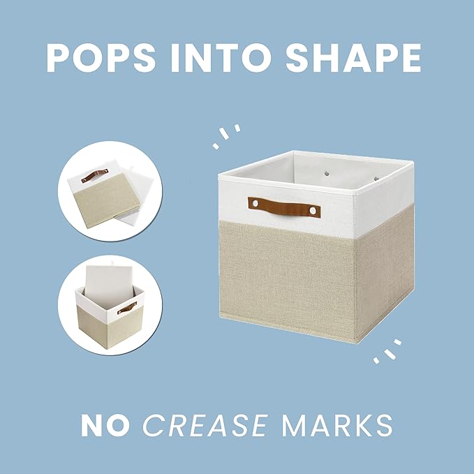 OrganiHaus 11" x 11" x 11" Fabric Cubes Storage Bins Set of 4, Foldable Collapsible Canvas Storage Bins for Organizer, Toy Organizer for Kallax, 11 Inch Linen Cube Shelf Baskets - Beige/White