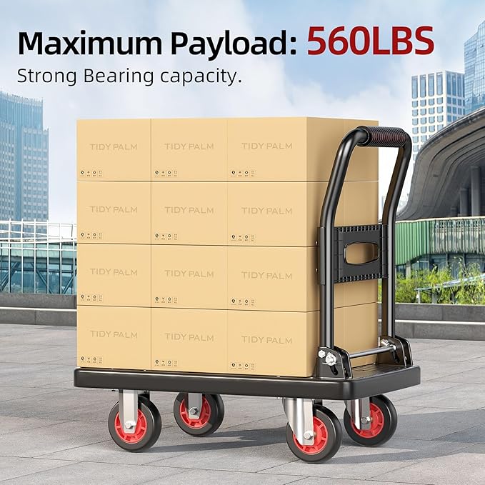 Upgraded Foldable Push Cart Dolly,560 lbs. Capacity Moving Platform Hand Truck,Heavy Duty Space Saving Collapsible,4‘’ TPR 360-Degree Silent Wheels,2 Swivel Wheels and 2 Fixed Wheels