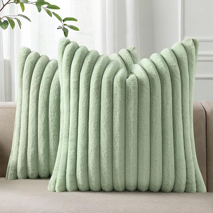 Pallene Faux Fur Plush Throw Pillow Covers 18x18 Set of 2, Luxury Soft Fluffy Striped Decorative Pillow Covers for Sofa, Couch, Living Room, Sage Green