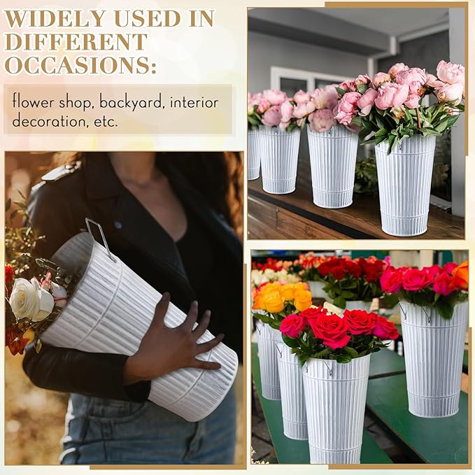 Layhit 6 Pcs 12 Inch Galvanized Flower Buckets Metal Flower Vases with Handle Farmhouse French Bucket Planter Floral Container for Flowers Wedding Bridal Shower Home Table Decor(Retro White)