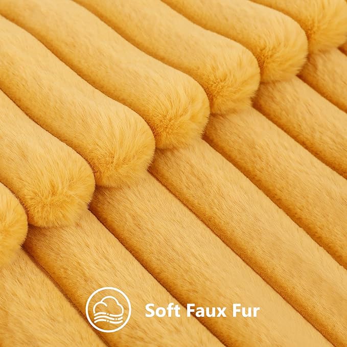 decorUhome Faux Fur Spring Throw Pillow Covers 26x26 Set of 2, Decorative Soft Plush Striped Neutral Couch Euro Sham Pillow Covers with Velvet Back for Sofa, Bed, Living Room Home, Mustard Yellow