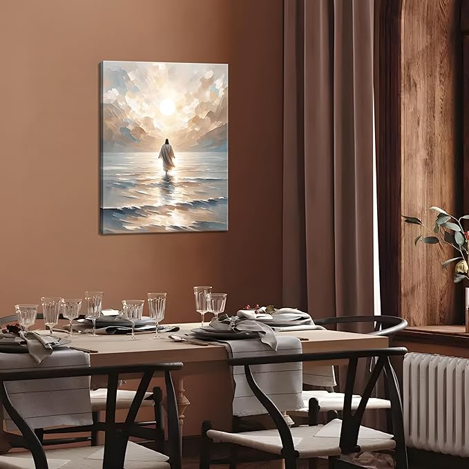 Jesus Walking on Water Canvas Wall Art, Christian Bible Stories Wall Decor Paintings, Jesus Walks on Water on Water Back Posters Prints Pictures for Church Living Room Bedroom 16x24 Inch Framed