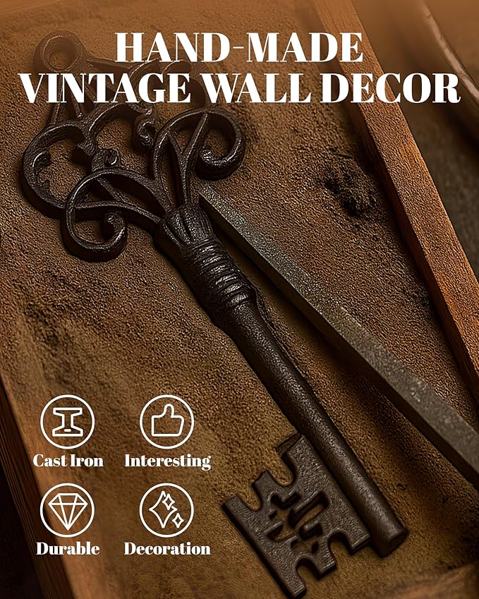 Wall Hooks for Hanging - Cast Iron Vintage Wall Decor Coat Rack - Vintage Rustic Design Hat Hooks for Kitchen, Entryway - Handmade Heavy Duty Key Hook (Key Decoration)